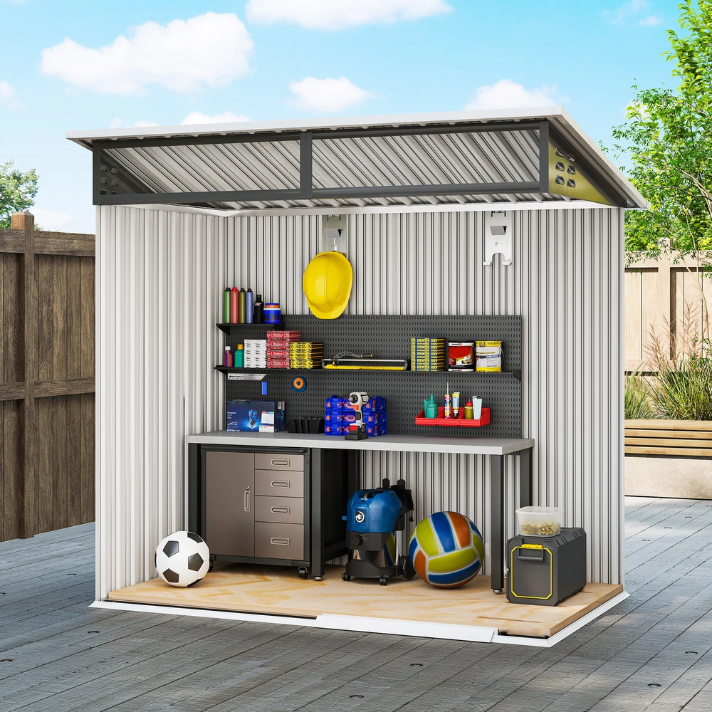 Outsunny metalinis sodo namelis 1,9m² 195x122x182cm, įrankių pašiūrė su pamatu, šlaitinis stogas, langai, stumdomos durys, tamsiai pilkas