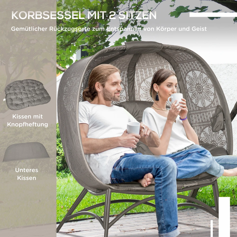 „Outsunny“ 2 vietų sodo kėdė, pintas krėslas su sulankstomu krepšiu, „Papasan“ fotelis su pagalvėle, poilsio kėdė balkonui, terasai, plienas, smėlio spalvos, 126 x 75 x 142 cm