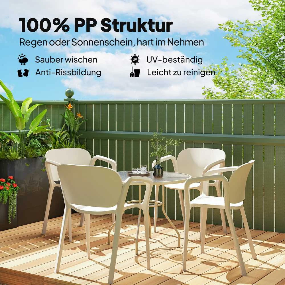 Outsunny 4 dalių sodo kėdžių komplektas, atsparios oro sąlygoms, plastikinės, su porankiais ir atlošu, sukraunamos, terasos kėdės, keliamoji galia iki 120 kg, sodo baldai kiemui, sodui, balkonui, baltos