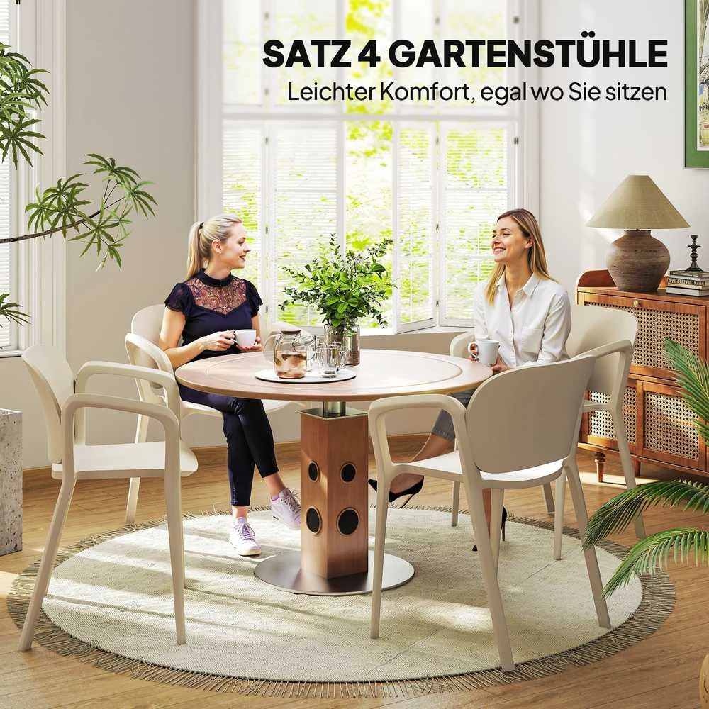 Outsunny 4 dalių sodo kėdžių komplektas, atsparios oro sąlygoms, plastikinės, su porankiais ir atlošu, sukraunamos, terasos kėdės, keliamoji galia iki 120 kg, sodo baldai kiemui, sodui, balkonui, baltos