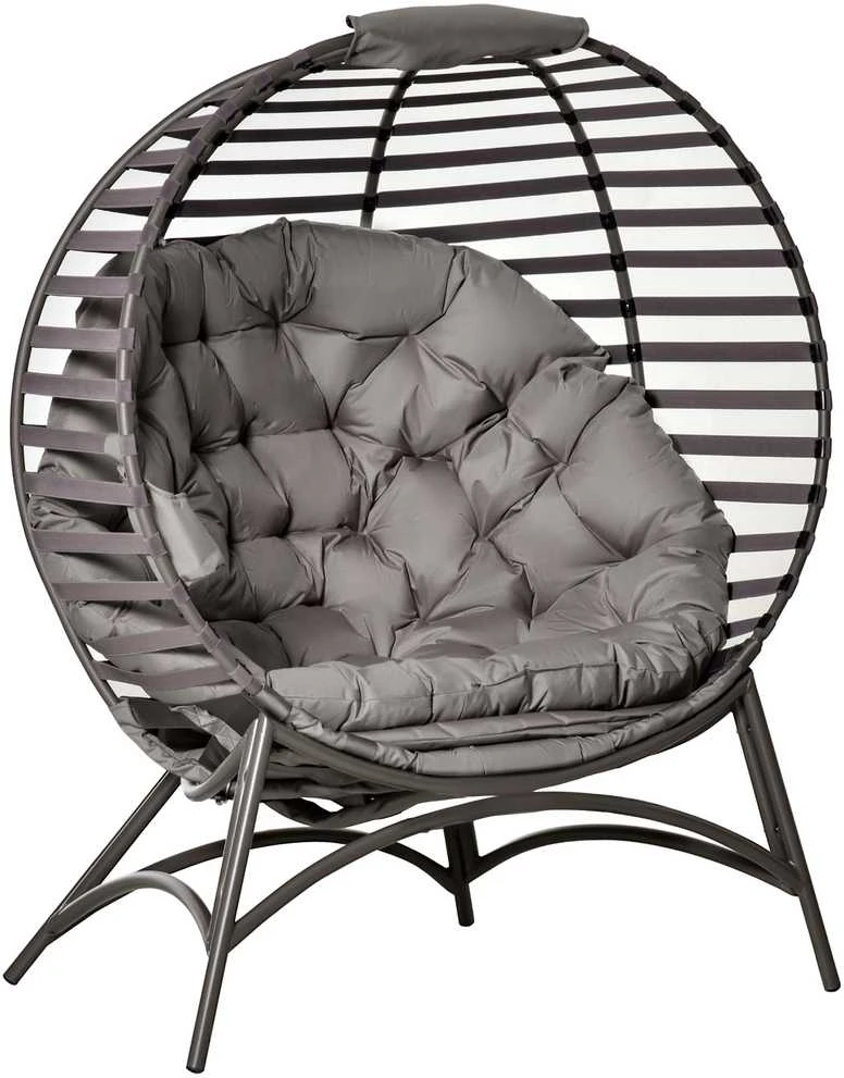 Outsunny Papasan sodo kėdė, 2 krepšiai, pagalvėlė, ovalus poilsio krėslas, sulankstomas, balkonui, terasai, smėlio spalvos, plienas, 118x75x139 cm