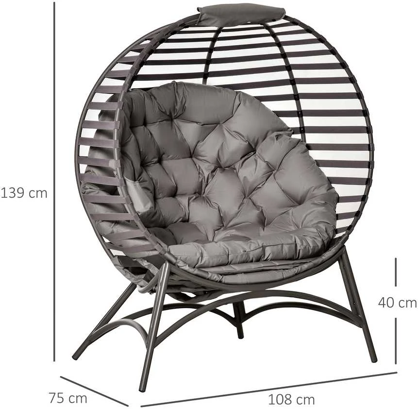 Outsunny Papasan sodo kėdė, 2 krepšiai, pagalvėlė, ovalus poilsio krėslas, sulankstomas, balkonui, terasai, smėlio spalvos, plienas, 118x75x139 cm