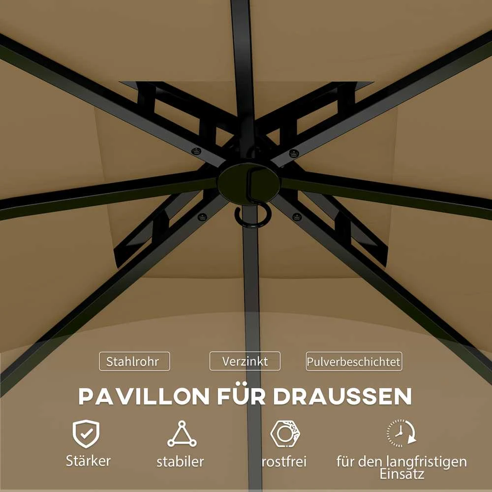 Outsunny sodo pavėsinė, apie 3,4x3,4 m, atspari vandeniui, su 4 šoninėmis sienelėmis, dvigubu stogu, vakarėlių palapinė su UV apsauga, sodo palapinė su cinkuoto metalo rėmu, smėlio spalvos