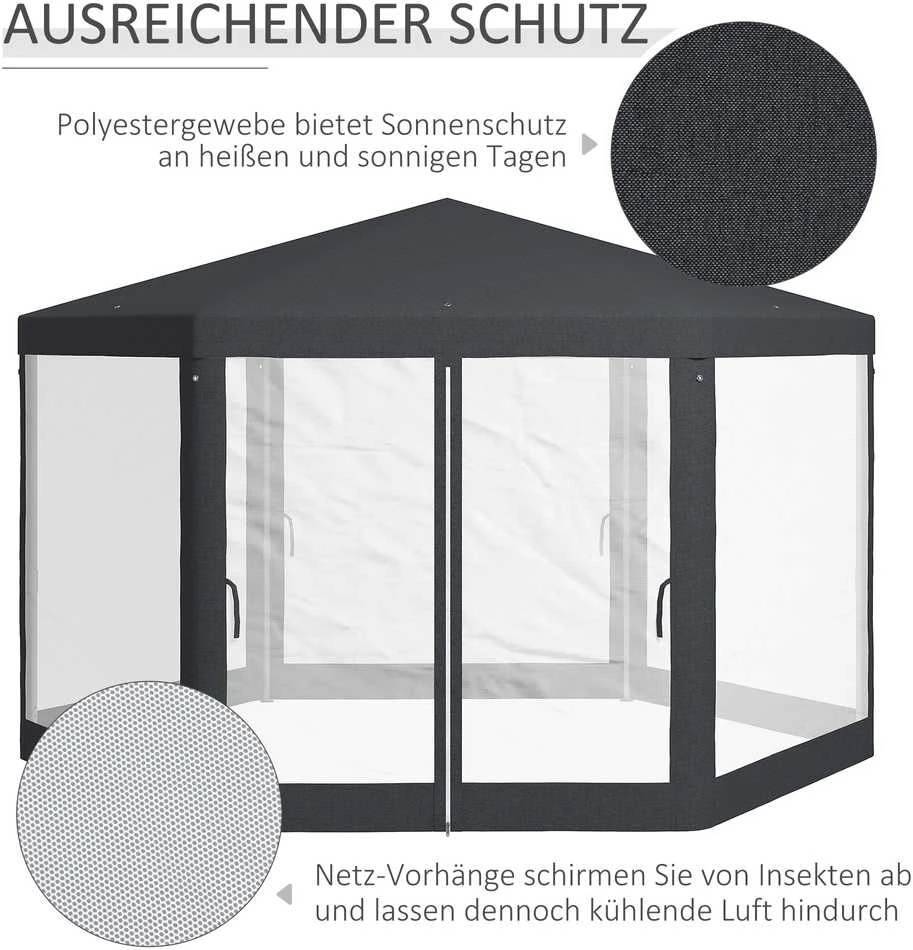 Outsunny paviljonas apie 4 x 4 m sodo paviljonas su tinkleliu nuo uodų vakarėlių palapinė sodo palapinė šventinė palapinė palapinė 6-kampė poliesteris metalas tamsiai pilka