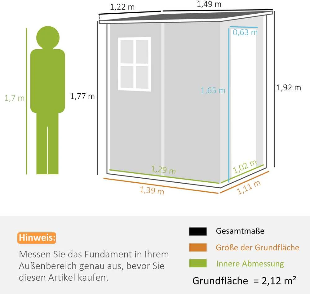 Outsunny sodo namelis, 1,54 m³, su vienšlaičiu stogu, 122 x 149 x 192/177 cm, rakinamas sandėliukas su langais, dviračių garažas, aliumininė sodo spinta, skirta kiemui, sodui, pilkos spalvos