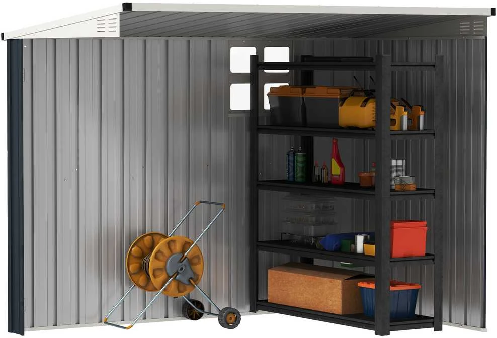 „Outsunny“ metalinis sodo namelis 2,7m² 128x231x181cm su šlaitiniu stogu, langu, rakinamomis durimis, atsparus oro sąlygoms, tamsiai pilkas