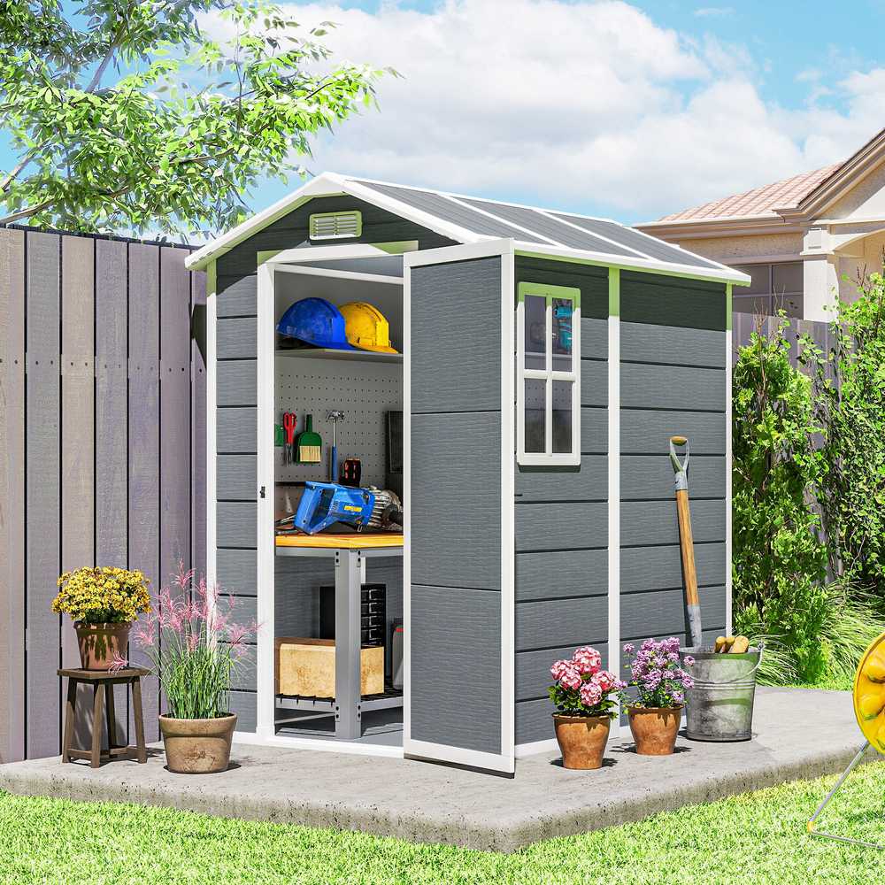 Outsunny sodo namelis 2,1m², vandeniui atsparus namelis su grindimis ir šlaitiniu stogu, 131x186x198/172 cm, rakinamas įrankių namelis su langu, aliumininė garažo tipo saugykla dviračiams, pilka