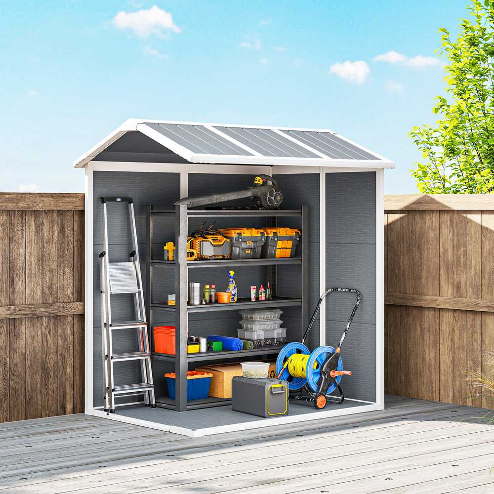 Outsunny sodo namelis 2,1m², vandeniui atsparus namelis su grindimis ir šlaitiniu stogu, 131x186x198/172 cm, rakinamas įrankių namelis su langu, aliumininė garažo tipo saugykla dviračiams, pilka