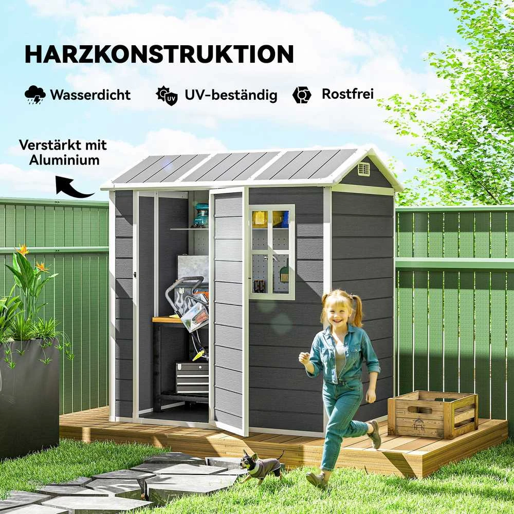 Outsunny plastikinis sodo namelis 2,1m² 186 x 130 x 199 cm, su dvišlaičiu stogu, grindimis, langu ir rakinamomis durimis, atsparus oro sąlygoms, pilkas