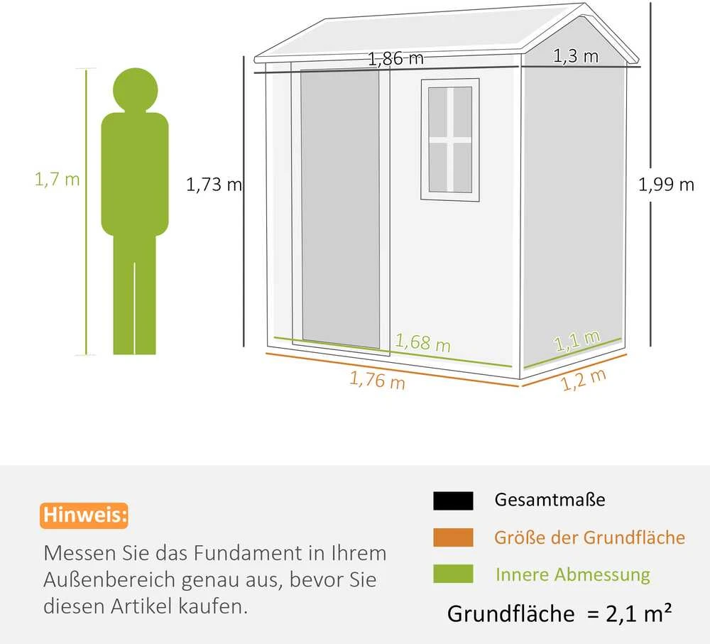 Outsunny plastikinis sodo namelis 2,1m² 186 x 130 x 199 cm, su dvišlaičiu stogu, grindimis, langu ir rakinamomis durimis, atsparus oro sąlygoms, pilkas