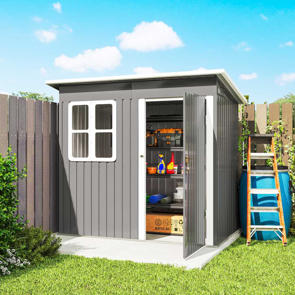 Outsunny sodo namelis 2,55 m², sodo sandėliukas su vienšlaičiu stogu, 221 x 133 x 190/173 cm, rakinamas įrankių namelis su langu, plieno sandėliukas dviračiams, tamsiai pilkas