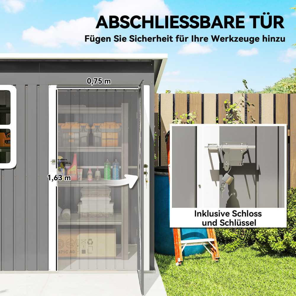 Outsunny sodo namelis 2,55 m², sodo sandėliukas su vienšlaičiu stogu, 221 x 133 x 190/173 cm, rakinamas įrankių namelis su langu, plieno sandėliukas dviračiams, tamsiai pilkas