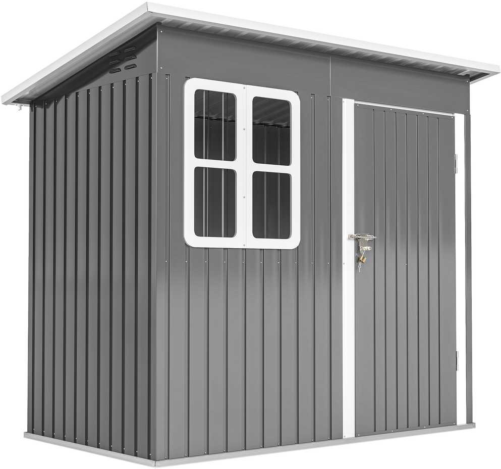 Outsunny sodo namelis 2,55 m², sodo sandėliukas su vienšlaičiu stogu, 221 x 133 x 190/173 cm, rakinamas įrankių namelis su langu, plieno sandėliukas dviračiams, tamsiai pilkas