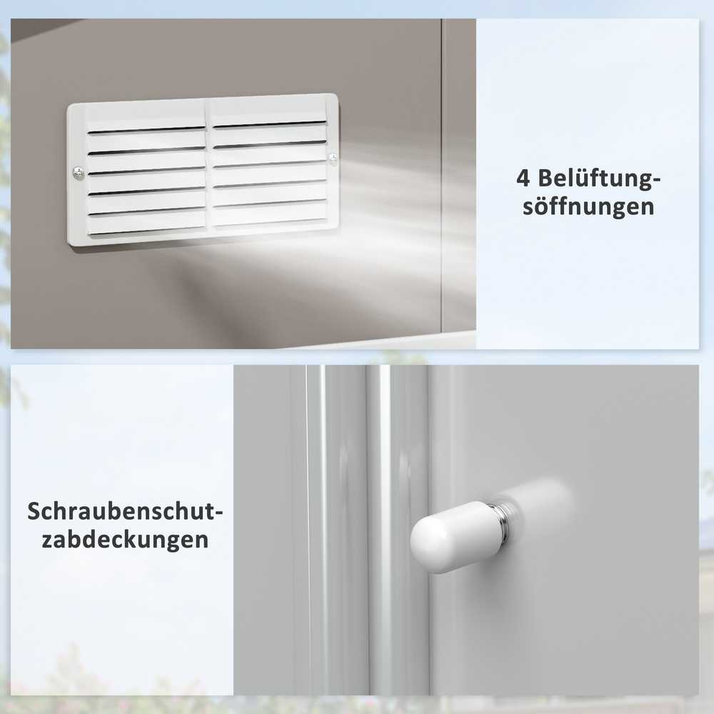 Outsunny įrankių namelis 12,4 m², sodo namelis su šlaitiniu stogu, stumdomomis durimis, pagrindu, 340 x 386 x 200 cm, cinkuoto plieno pašiūrė, atspari oro sąlygoms, šviesiai pilka