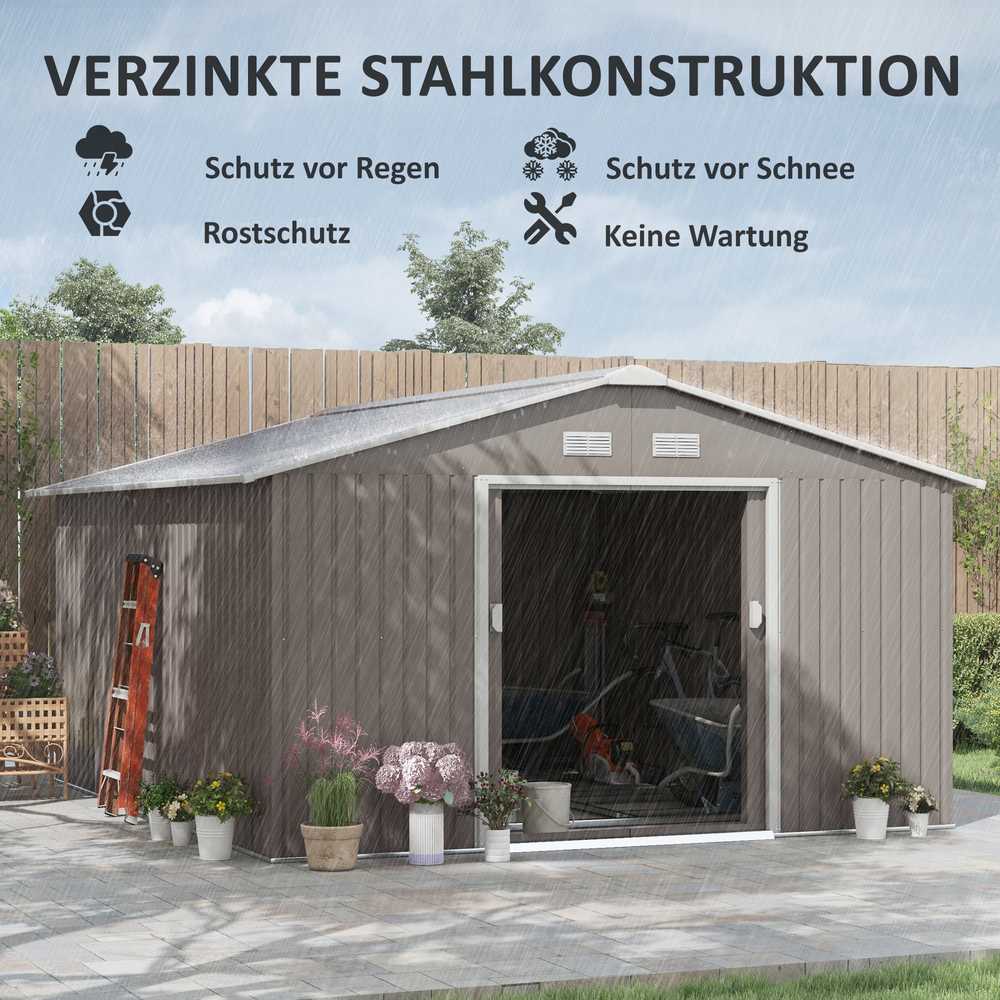 Outsunny įrankių namelis 12,4 m², sodo namelis su šlaitiniu stogu, stumdomomis durimis, pagrindu, 340 x 386 x 200 cm, cinkuoto plieno pašiūrė, atspari oro sąlygoms, šviesiai pilka