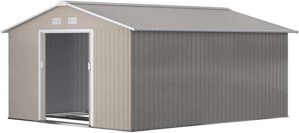 Outsunny įrankių namelis 12,4 m², sodo namelis su šlaitiniu stogu, stumdomomis durimis, pagrindu, 340 x 386 x 200 cm, cinkuoto plieno pašiūrė, atspari oro sąlygoms, šviesiai pilka