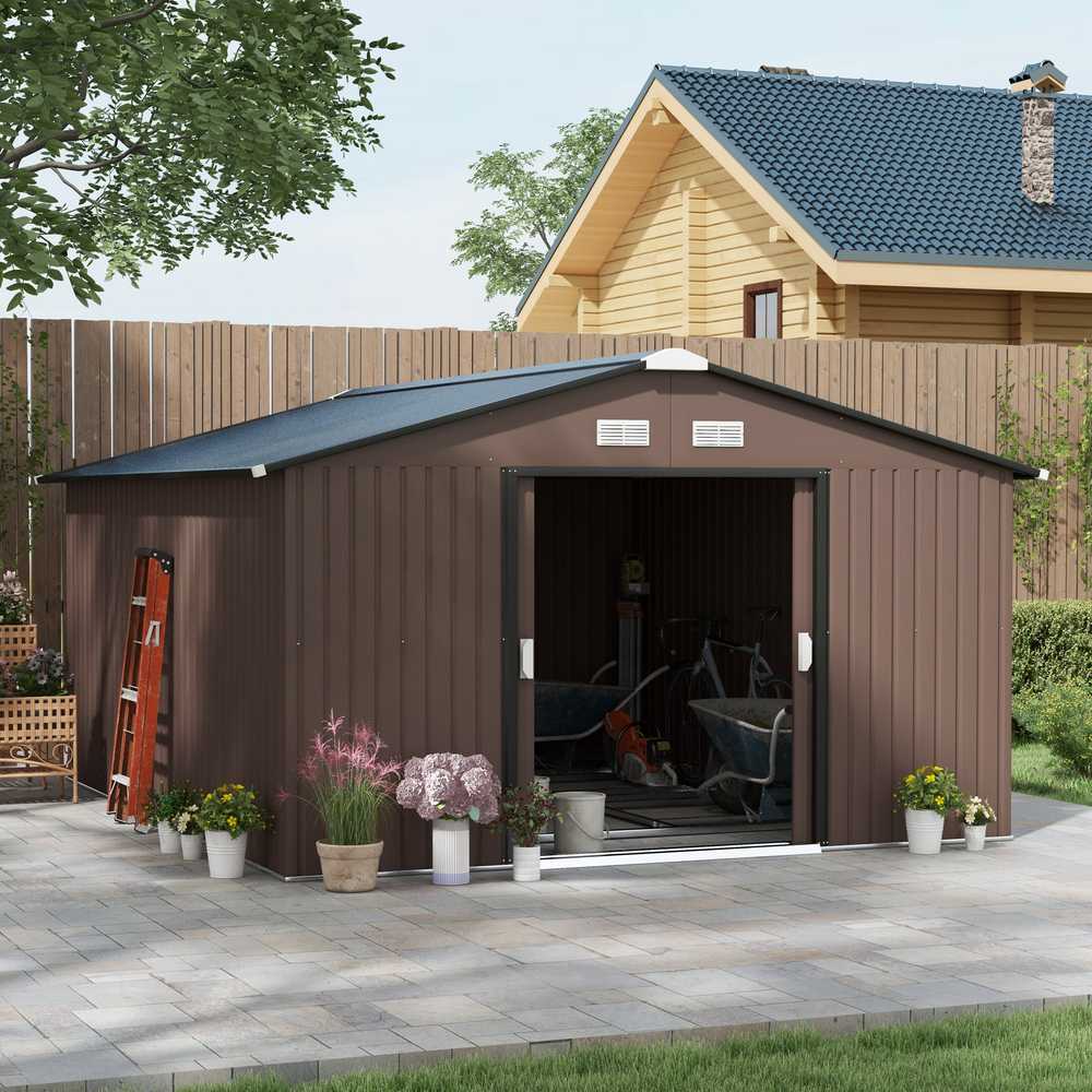 Outsunny sodo namelis 12,4 m², sodo namelis su vienšlaičiu stogu, stumdomos durys, pamatas, 340 x 386 x 200 cm, įrankių namelis iš cinkuoto plieno, atsparus oro sąlygoms, sodui, rudas