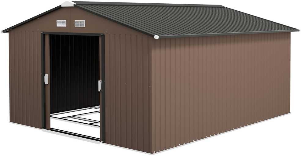 Outsunny sodo namelis 12,4 m², sodo namelis su vienšlaičiu stogu, stumdomos durys, pamatas, 340 x 386 x 200 cm, įrankių namelis iš cinkuoto plieno, atsparus oro sąlygoms, sodui, rudas
