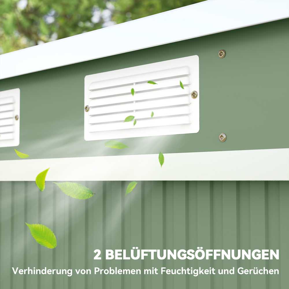 Outsunny sodo namelis 2,42 m², metalinis įrankių sandėliukas su ventiliacijos langais, stumdomomis durimis, pagrindu, 213 x 130 x 159/172 cm, cinkuotas plienas, atsparus oro sąlygoms, žalias