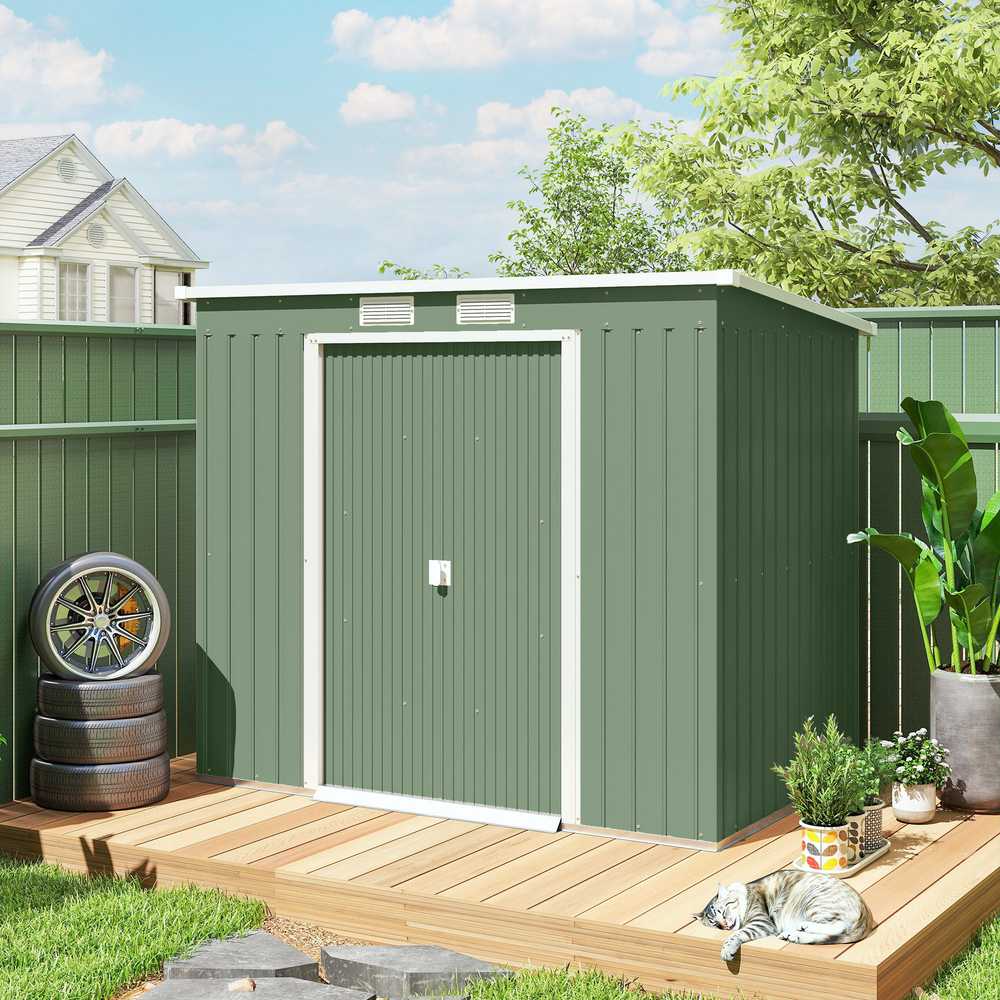 Outsunny sodo namelis 2,42 m², metalinis įrankių sandėliukas su ventiliacijos langais, stumdomomis durimis, pagrindu, 213 x 130 x 159/172 cm, cinkuotas plienas, atsparus oro sąlygoms, žalias