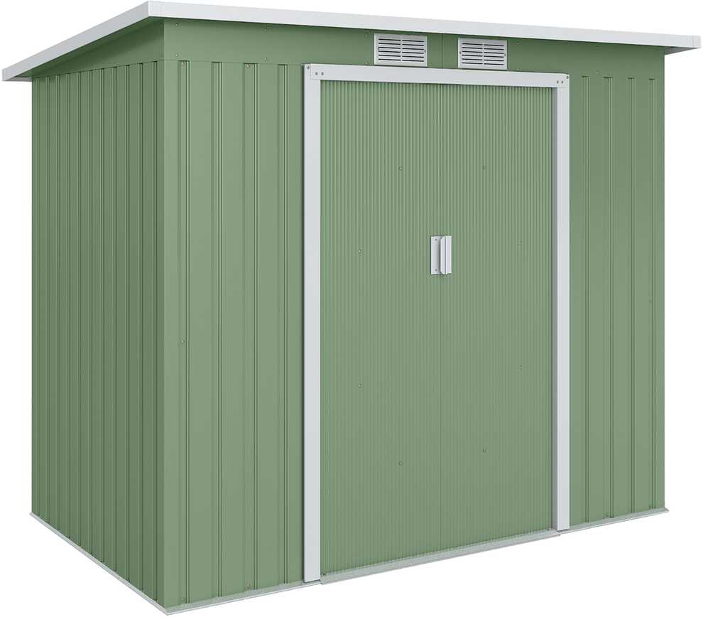 Outsunny sodo namelis 2,42 m², metalinis įrankių sandėliukas su ventiliacijos langais, stumdomomis durimis, pagrindu, 213 x 130 x 159/172 cm, cinkuotas plienas, atsparus oro sąlygoms, žalias