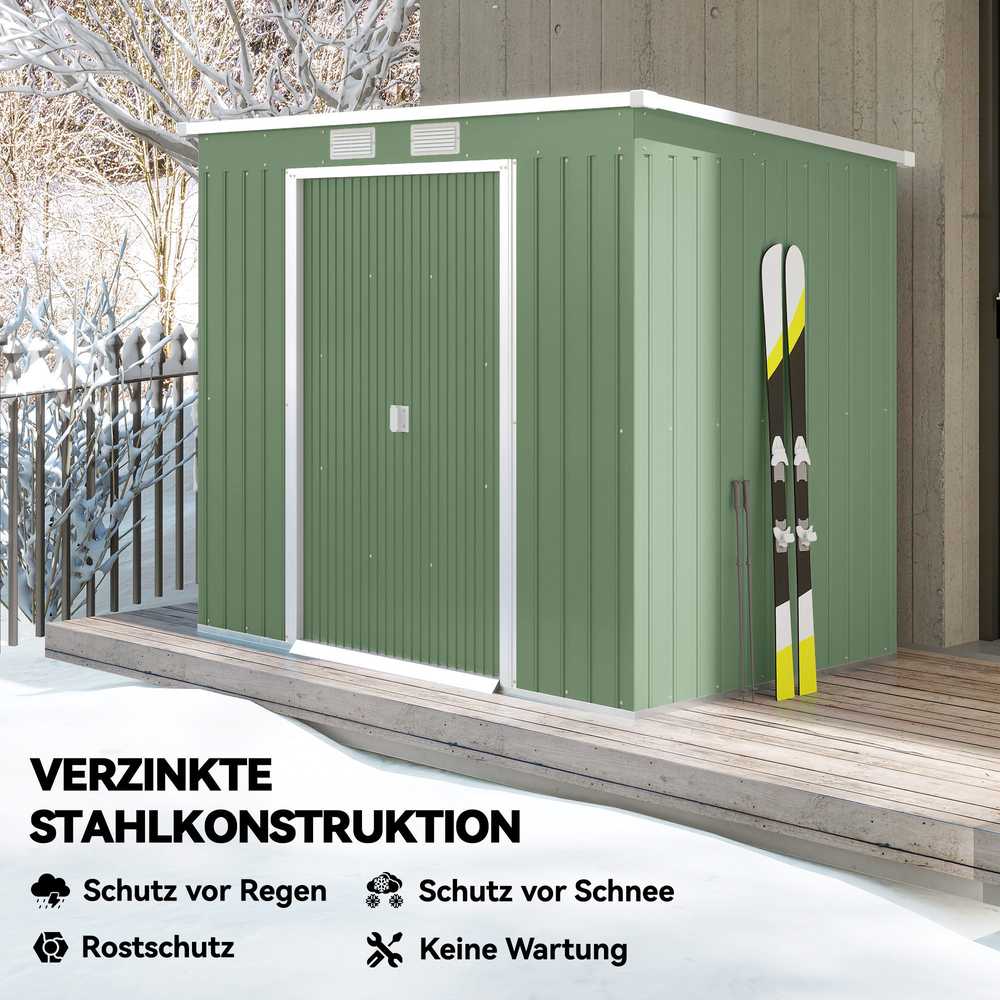 Outsunny sodo namelis 2,42 m², metalinis įrankių sandėliukas su ventiliacijos langais, stumdomomis durimis, pagrindu, 213 x 130 x 159/172 cm, cinkuotas plienas, atsparus oro sąlygoms, žalias