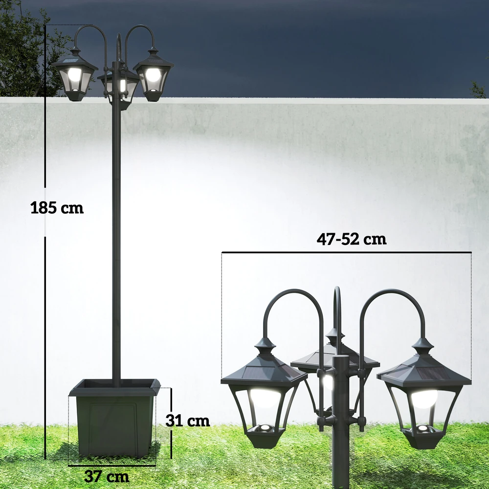 Sodo saulės šviestuvas su 3 galvutėmis ir vazonu, juodas ir skaidrus, 47–52 × 47–52 × 185 cm