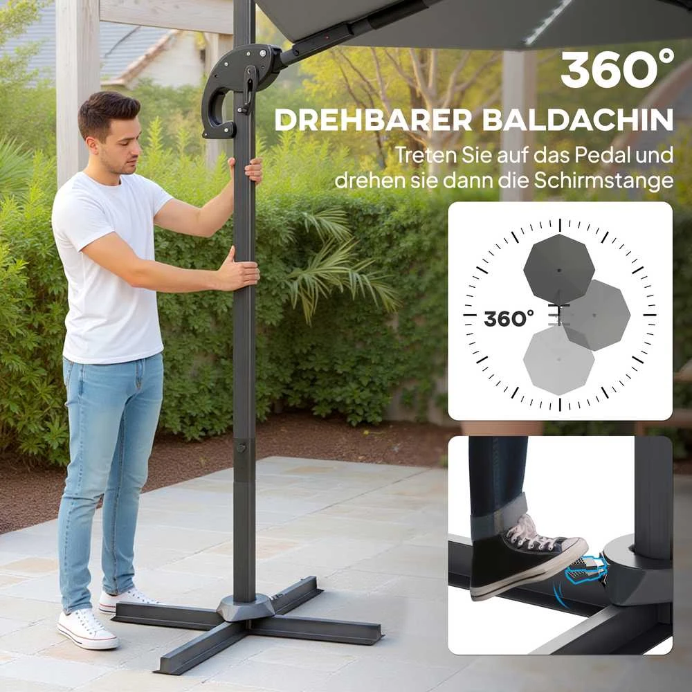 Outsunny aliumininis konsolinis skėtis su saulės LED apšvietimu, Ø300 cm, reguliuojamo aukščio, su alkūne, stovu, UV50+ apsauga, atsparus vandeniui, pasukamas 360°, pakreipiamas, tamsiai pilkas