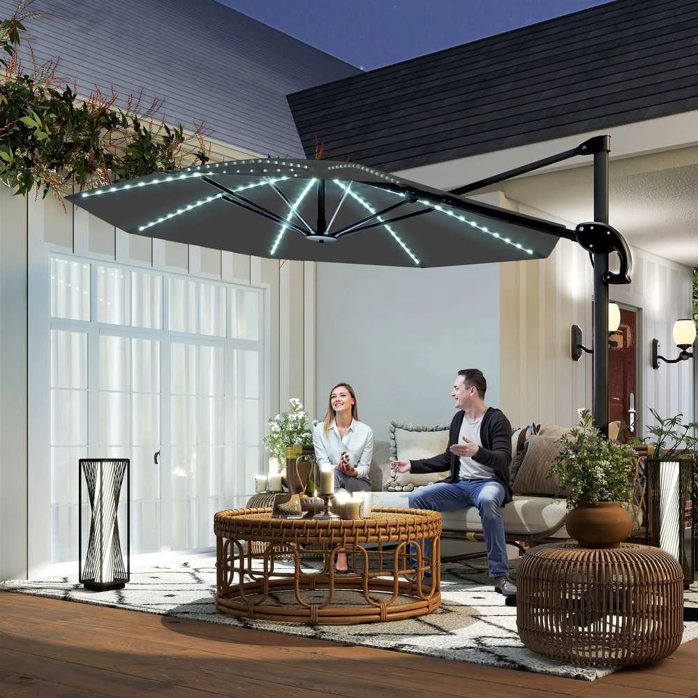 Outsunny aliumininis konsolinis skėtis su saulės LED apšvietimu, Ø300 cm, reguliuojamo aukščio, su alkūne, stovu, UV50+ apsauga, atsparus vandeniui, pasukamas 360°, pakreipiamas, tamsiai pilkas