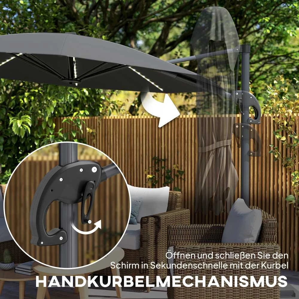Outsunny aliumininis konsolinis skėtis su saulės LED apšvietimu, Ø300 cm, reguliuojamo aukščio, su alkūne, stovu, UV50+ apsauga, atsparus vandeniui, pasukamas 360°, pakreipiamas, tamsiai pilkas