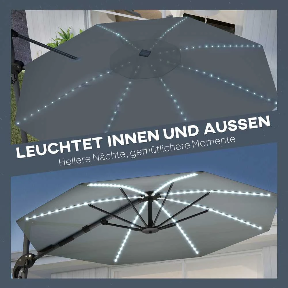 Outsunny aliumininis konsolinis skėtis su saulės LED apšvietimu, Ø300 cm, reguliuojamo aukščio, su alkūne, stovu, UV50+ apsauga, atsparus vandeniui, pasukamas 360°, pakreipiamas, tamsiai pilkas