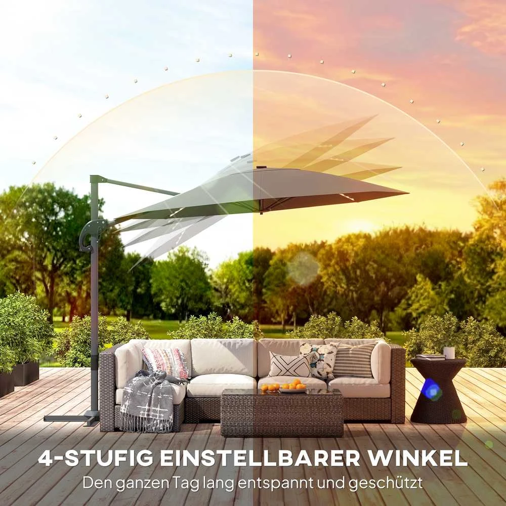 Outsunny aliumininis konsolinis skėtis su saulės LED apšvietimu, Ø300 cm, reguliuojamo aukščio, su alkūne, stovu, UV50+ apsauga, atsparus vandeniui, pasukamas 360°, pakreipiamas, tamsiai pilkas