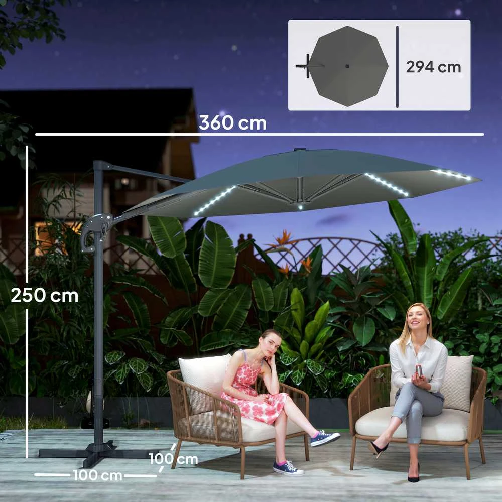 Outsunny aliumininis konsolinis skėtis su saulės LED apšvietimu, Ø300 cm, reguliuojamo aukščio, su alkūne, stovu, UV50+ apsauga, atsparus vandeniui, pasukamas 360°, pakreipiamas, tamsiai pilkas