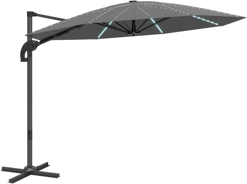 Outsunny aliumininis konsolinis skėtis su saulės LED apšvietimu, Ø300 cm, reguliuojamo aukščio, su alkūne, stovu, UV50+ apsauga, atsparus vandeniui, pasukamas 360°, pakreipiamas, tamsiai pilkas