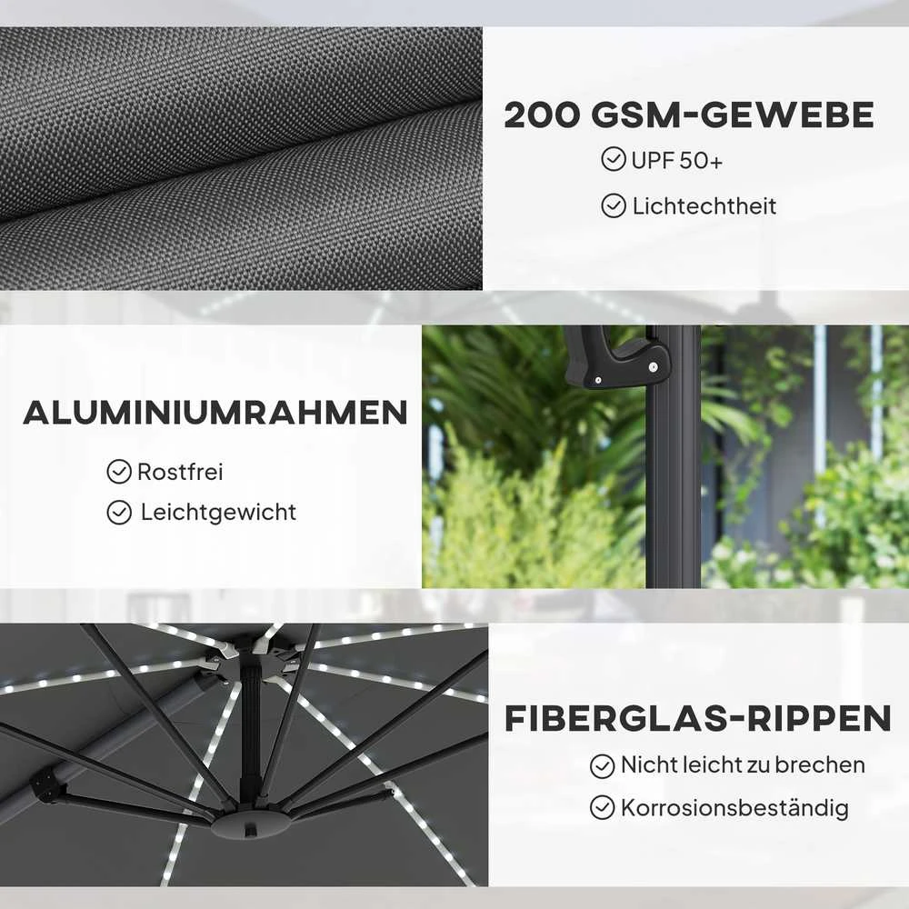 Outsunny aliumininis konsolinis skėtis su saulės LED apšvietimu, Ø300 cm, reguliuojamo aukščio, su alkūne, stovu, UV50+ apsauga, atsparus vandeniui, pasukamas 360°, pakreipiamas, tamsiai pilkas