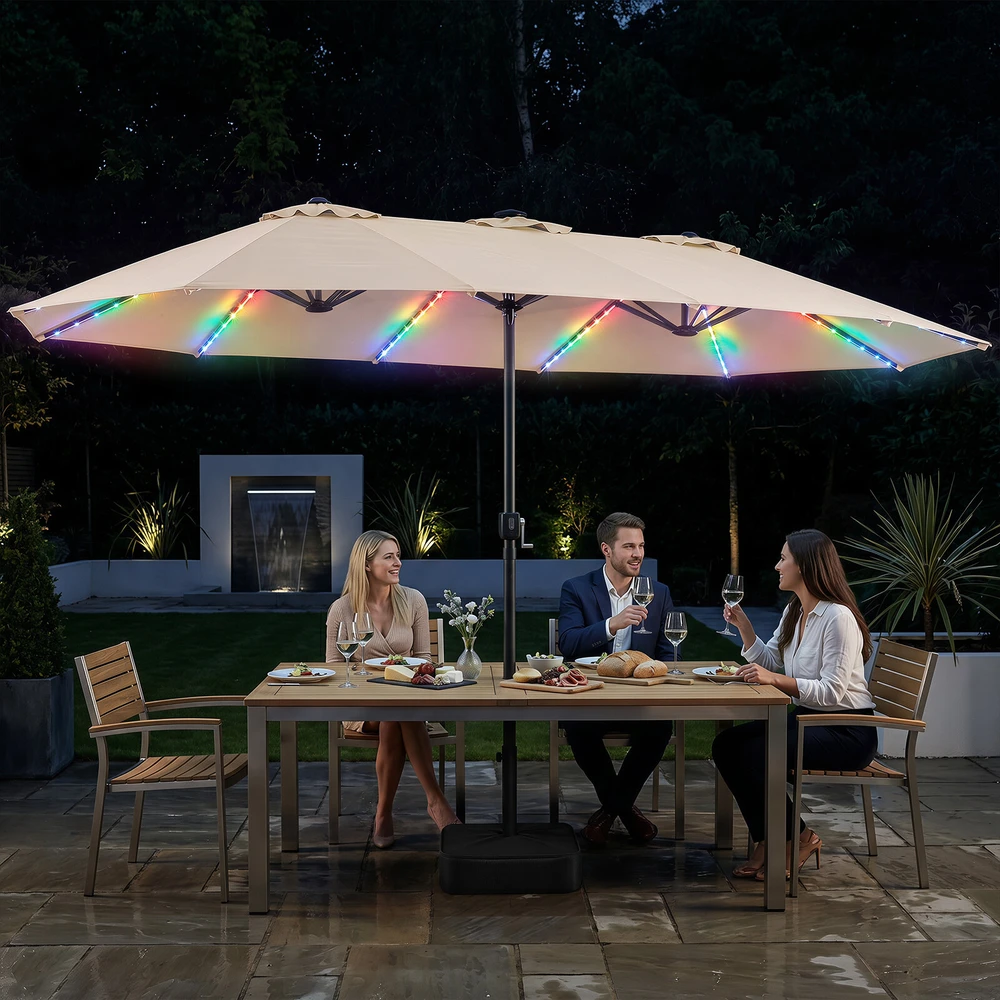 Sodo skėtis dvipusis su 144 LED lemputėmis, smėlio spalvos, 436 × 258 × 254 cm