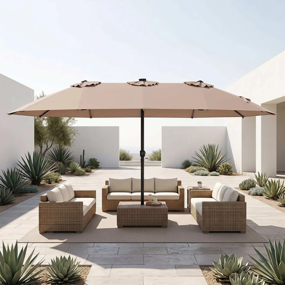 Sodo skėtis, dvipusis, su LED apšvietimu, rudas, 436 × 258 × 254 cm