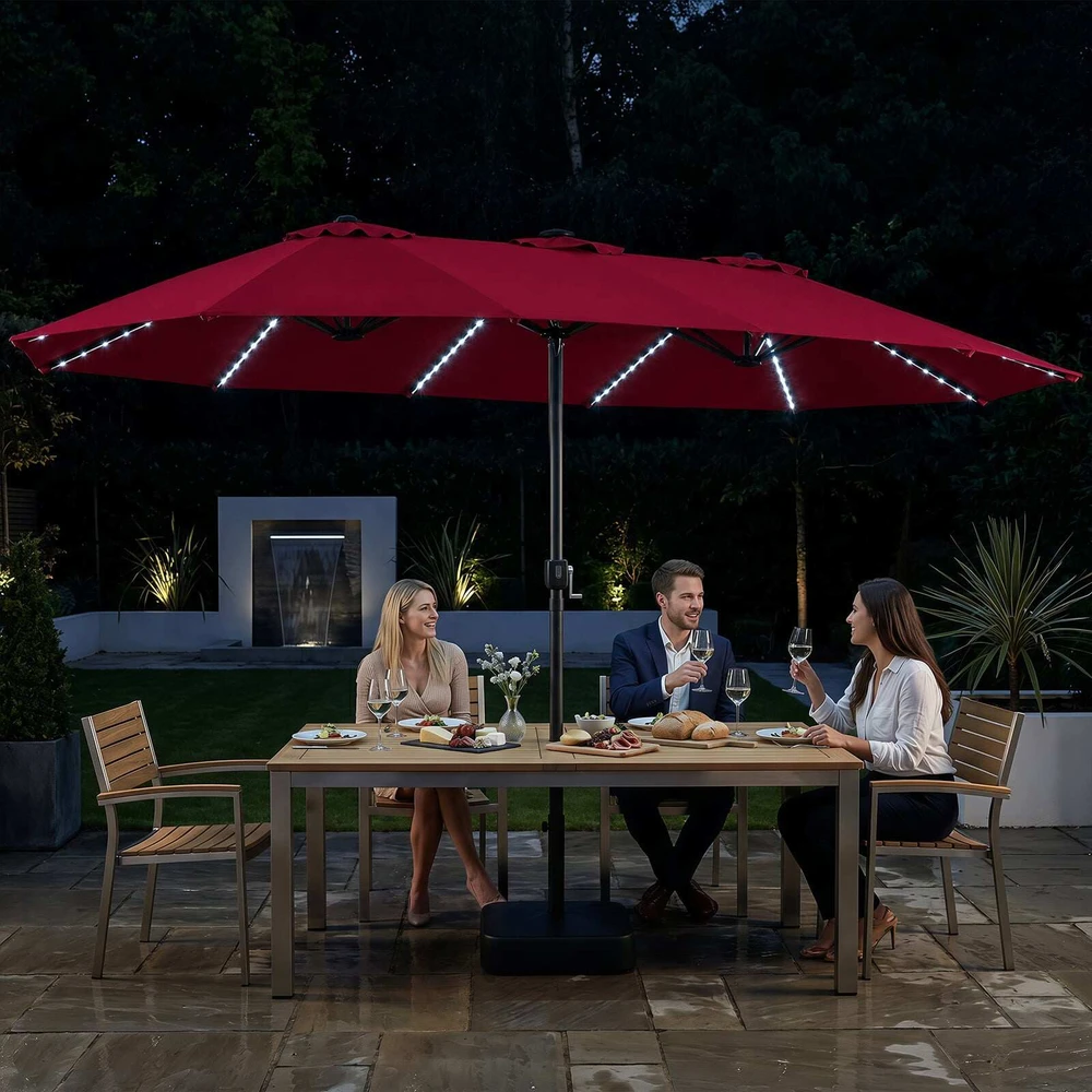Sodo skėtis su LED apšvietimu ir pagrindu, raudonas, 472,4 × 289,6 cm