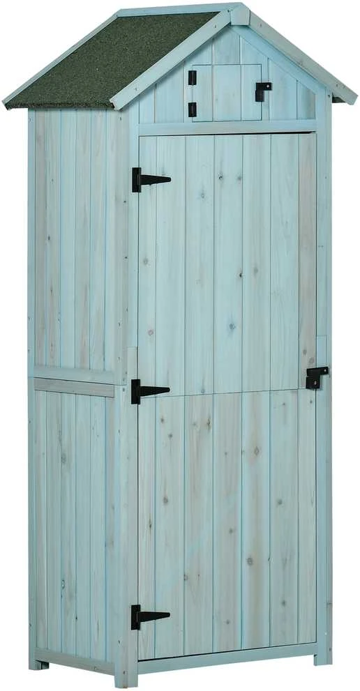 Outsunny sodo spinta sodo namelis įrankių namelis su lentynomis asfaltiniu stogu langas medinis šviesiai mėlyna+žalia 77 x 54,2 x 179 cm