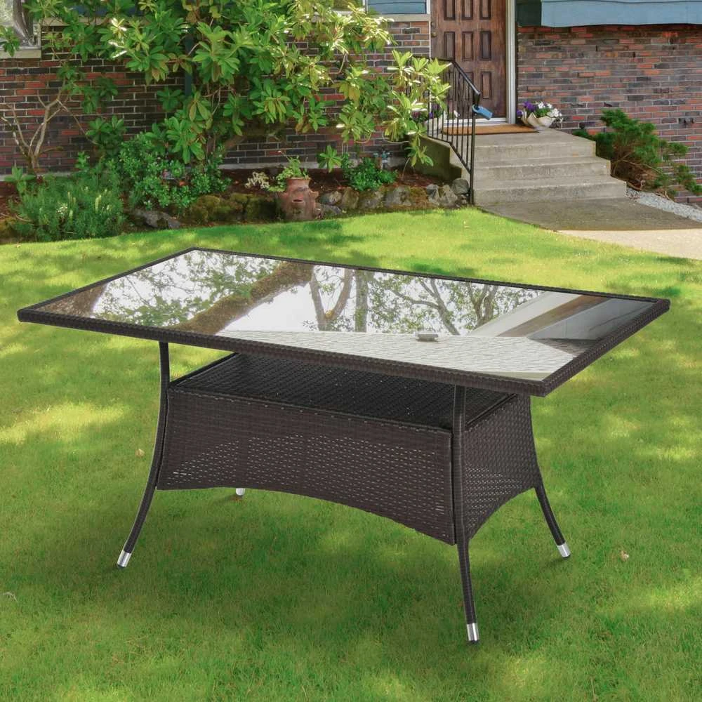 Outsunny valgomojo stalas sodo stalas stiklinis stalas polirotango+grūdintas stiklas rudas+juodas 150x85x74cm