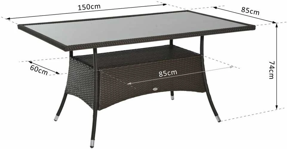 Outsunny valgomojo stalas sodo stalas stiklinis stalas polirotango+grūdintas stiklas rudas+juodas 150x85x74cm