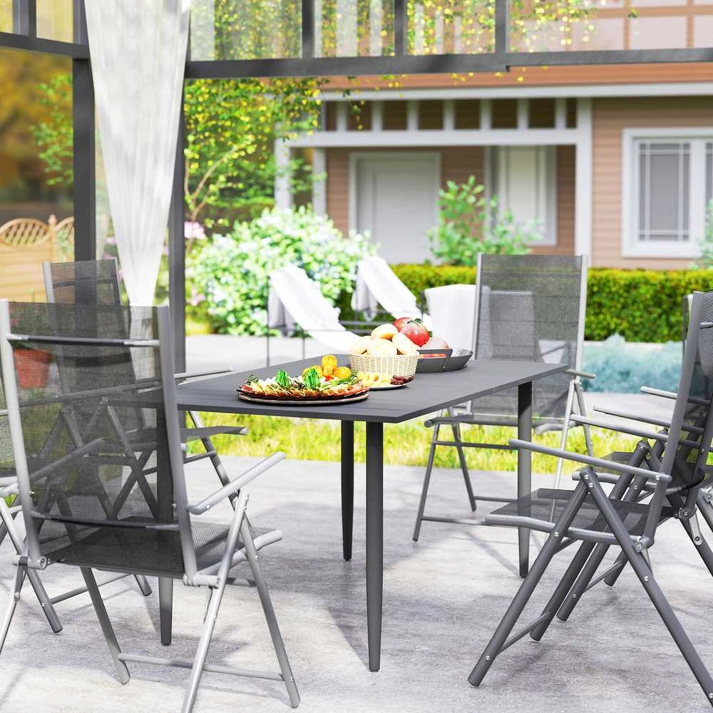 Outsunny sodo stalas 150x90 cm, atsparus oro sąlygoms plieno balkono stalas, balkono stalas su skėčio skyle, grotelių dizainas, lauko kempingo stalas, pagalbinis staliukas, stačiakampis terasos stalas sodui ir balkonui, juodas