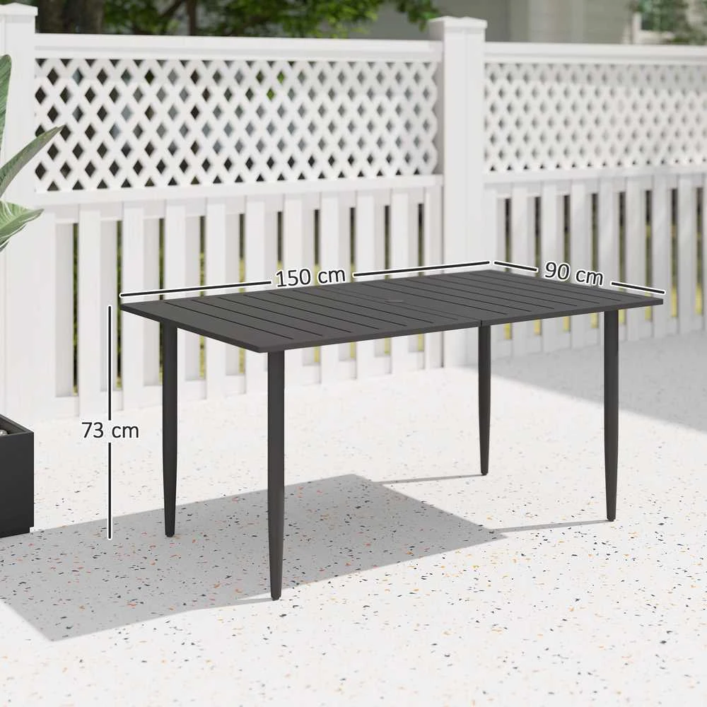 Outsunny sodo stalas 150x90 cm, atsparus oro sąlygoms plieno balkono stalas, balkono stalas su skėčio skyle, grotelių dizainas, lauko kempingo stalas, pagalbinis staliukas, stačiakampis terasos stalas sodui ir balkonui, juodas