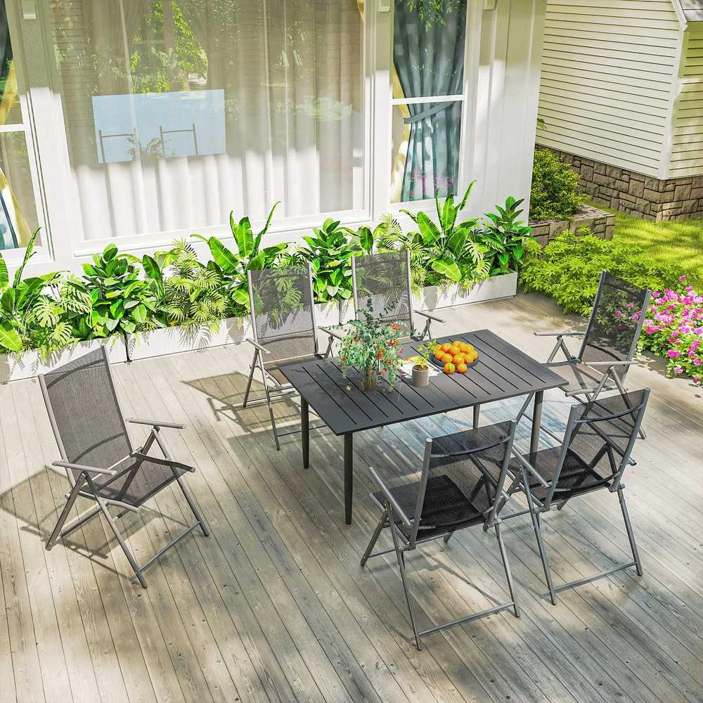 Outsunny sodo stalas 150x90 cm, atsparus oro sąlygoms plieno balkono stalas, balkono stalas su skėčio skyle, grotelių dizainas, lauko kempingo stalas, pagalbinis staliukas, stačiakampis terasos stalas sodui ir balkonui, juodas