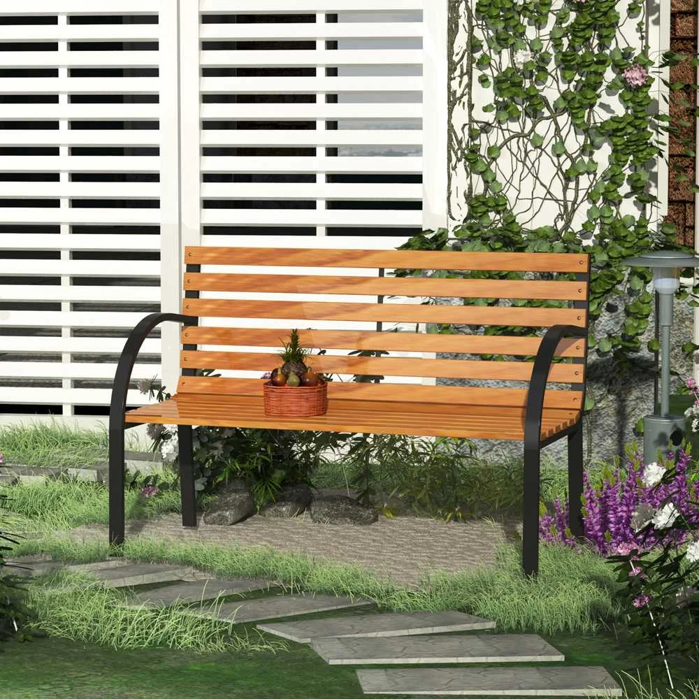 Outsunny sodo suoliukas parko suoliukas 2 vietų plienas+pušies mediena natūralus P122 x G60 x A83 cm