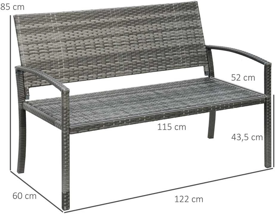 Sodo suoliukas Outsunny, rotango išvaizdos suoliukas, parko suoliukas su plieniniu rėmu, balkono suoliukas 2 asmenims, sodo baldai, išlaikantis iki 320 kg, pilkas