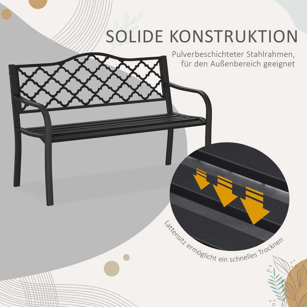 „Outsunny“ dvivietis sodo suoliukas, elegantiškas metalinis parko suoliukas, iki 240 kg, su atlošu ir porankiais, ketaus, juodas, 128x58,5x89 cm