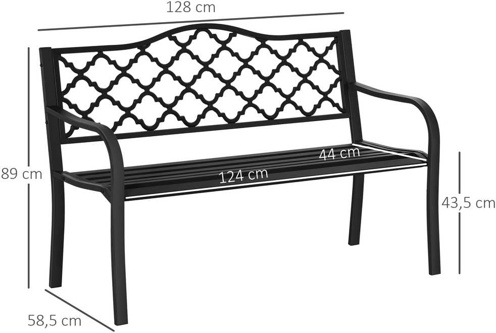 „Outsunny“ dvivietis sodo suoliukas, elegantiškas metalinis parko suoliukas, iki 240 kg, su atlošu ir porankiais, ketaus, juodas, 128x58,5x89 cm