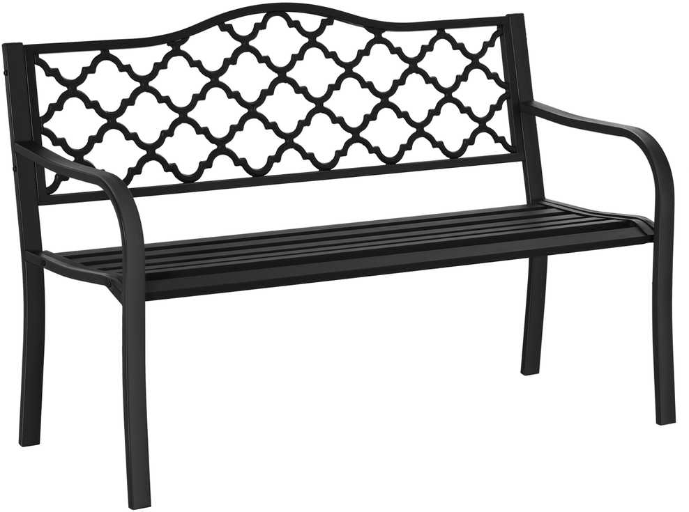 „Outsunny“ dvivietis sodo suoliukas, elegantiškas metalinis parko suoliukas, iki 240 kg, su atlošu ir porankiais, ketaus, juodas, 128x58,5x89 cm