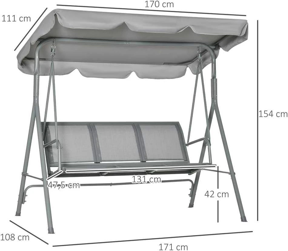 Outsunny 3-vietės sodo sūpynės su stogeliu, metalinės, pilkos+sidabrinės spalvos, 170 x 110 x 153 cm